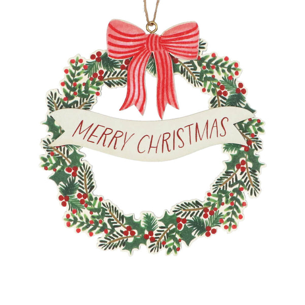 Christmas wreath ornament with red bow and 'Merry Christmas' banner on a white background