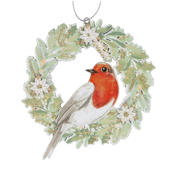 Wooden robin Christmas wreath decoration with winter foliage and poinsettias, hanging from a silver cord.