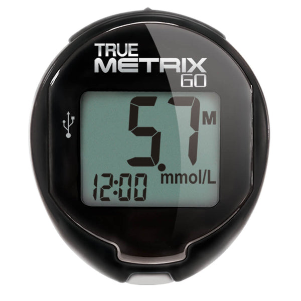 True Metrix GO blood glucose monitor on a white background