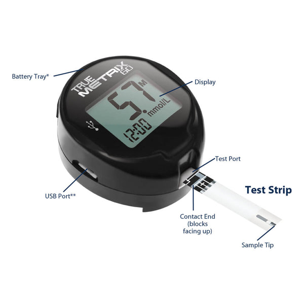 True Metrix G60 blood glucose monitor with labeled parts on a white background