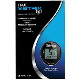 True Metrix 60 blood glucose monitoring meter packaging with digital display on a blue and black background.