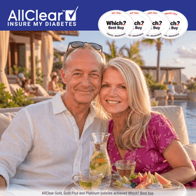 A smiling couple sits at a poolside table in a resort setting, with a glass of water and fruit on the table. Prominent overlays include the AllClear brand logo reading 'INSURE MY DIABETES' at the top left, three circular badges for Which? Best Buy policies, and a bottom text banner about AllClear Gold, Gold Plus, and Platinum policies achieved Which? Best Buy.