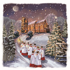 Illustration of choristers in white robes walking towards a cathedral at night with snowfall.