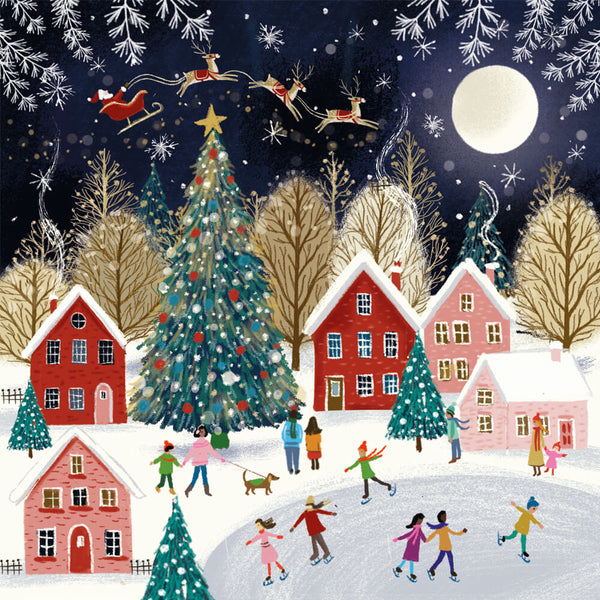 Christmas card featuring a snowy village scene with skaters, a decorated Christmas tree and Santa's sleigh flying across a moonlit sky.