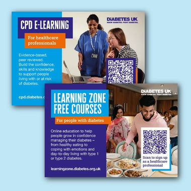 An image showing two postcards. One is titled 'CPD E-LEARNING' for healthcare professionals, featuring an image of a healthcare professional and a patient.