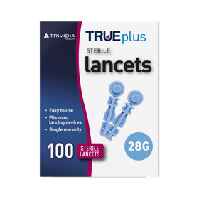 Blue and white box showing sterile lancets