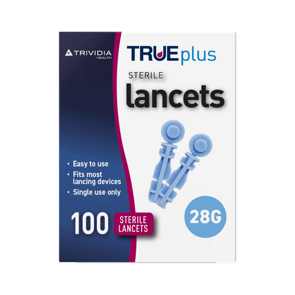 Blue and white box showing sterile lancets