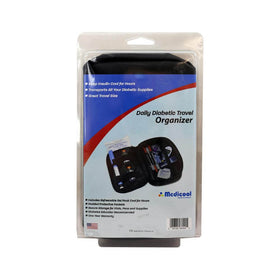 MediCool Daily Diabetes Organiser case in black canvas, shown open with elastic loops and netted compartments for storing insulin pens and supplies, includes reusable ice pack