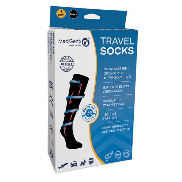 Box of MediGenix travel socks with compression design on a white background