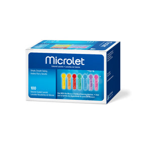 Box of 100 Microlet single-use lancets, colour-coded for easy identification, used with lancing devices for blood glucose testing, available from the Diabetes UK online shop