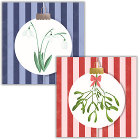 Twin pack Christmas cards featuring mistletoe and snowdrop bauble designs with green foil details