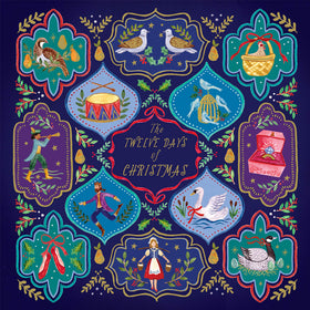 Christmas card featuring an ornate Twelve Days of Christmas design with colourful festive illustrations and gold foil details.