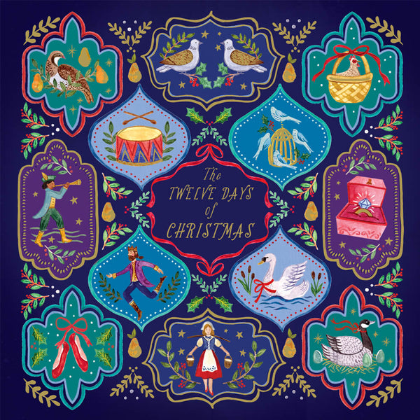 Christmas card featuring an ornate Twelve Days of Christmas design with colourful festive illustrations and gold foil details.