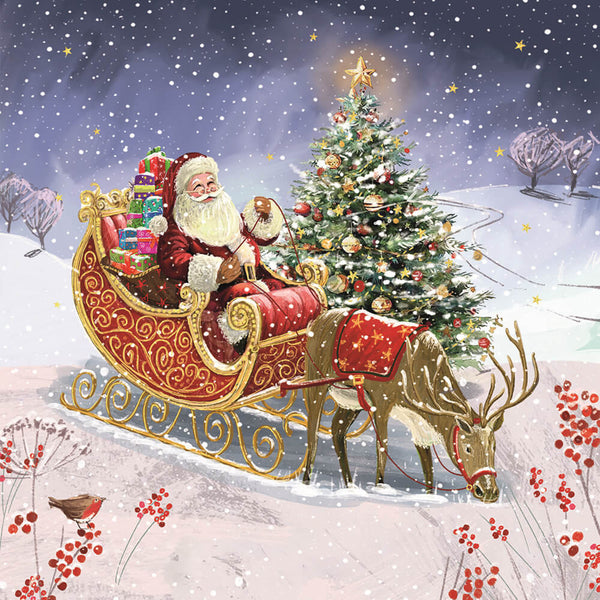 Illustration of Santa Claus in a sleigh with reindeer near a Christmas tree in a snowy landscape.