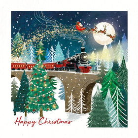 Christmas Card 2025 featuring a charming design of Father Christmas with his reindeer's flying over a stream train