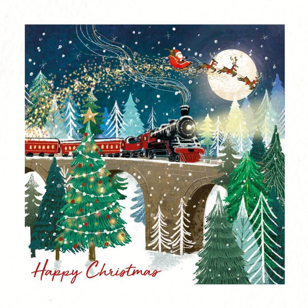 Christmas Card 2025 featuring a charming design of Father Christmas with his reindeer's flying over a stream train