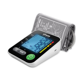 A digital blood pressure monitor with a cuff, displaying a reading on its LCD screen.