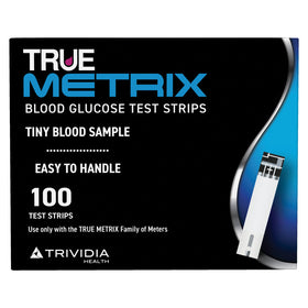 Black with blue box of 100 blood glucose test strips