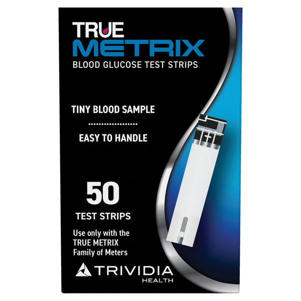 Blue and black box of blood glucose test strips.