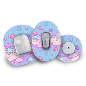 Three Cosmic Clouds design CGM patches for Omnipod, Dexcom and Libre.