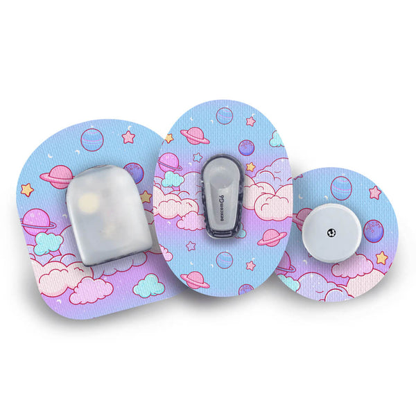 Three Cosmic Clouds design CGM patches for Omnipod, Dexcom and Libre.