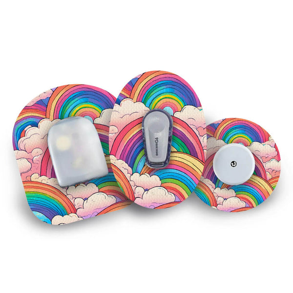 Three cgm patches in retro rainbow design, suitable for Dexcom, Libre and Omnipod.