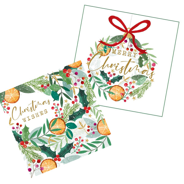 Christmas cards 2025. Twin pack with 5 cards of a wreath and 5 cards of a bauble. Charming design of oranges, holly and berries.