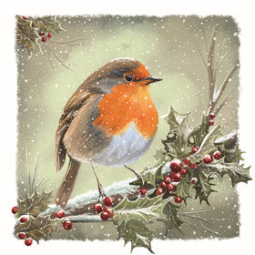 Illustration of a robin on a branch with holly berries and snowfall