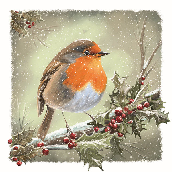 Illustration of a robin on a branch with holly berries and snowfall