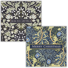 Twin pack Christmas cards featuring Merry Morris Blue and Morris Snowdrop floral designs with gold foil details