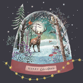 Winter scene with a deer, owl, and snow globe, featuring 'Merry Christmas' text.