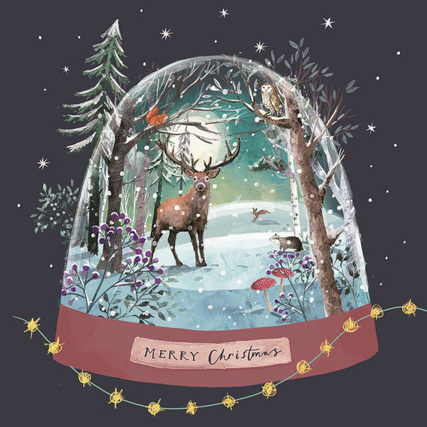 Winter scene with a deer, owl, and snow globe, featuring 'Merry Christmas' text.