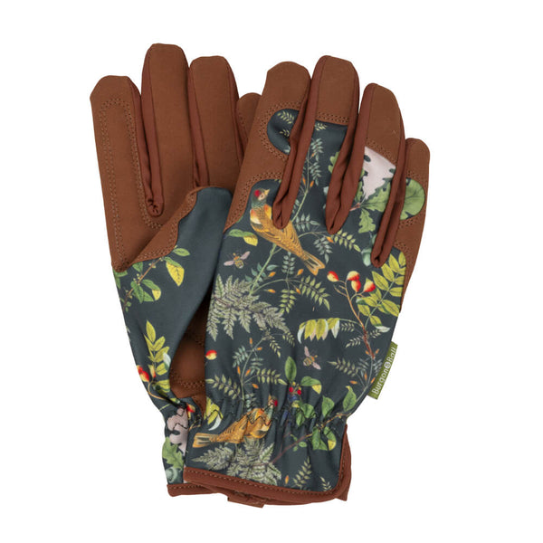 Woodland Wonders gardening gloves with bird and foliage design.