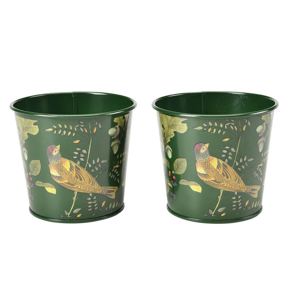 Two green metal planters with bird designs on a white background