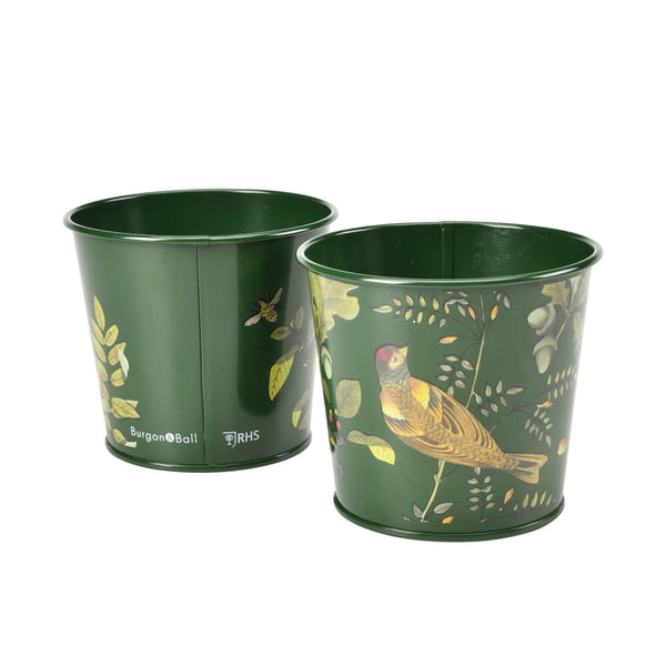 Two green plant pots with nature-themed designs on a white background