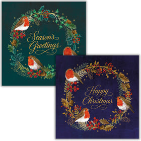 Wreath With Robins Christmas Cards Twin Pack