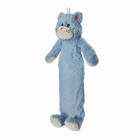 A plush blue hot water bottle in the shape of a cat with a smiling face, pink inner ears, and nose .