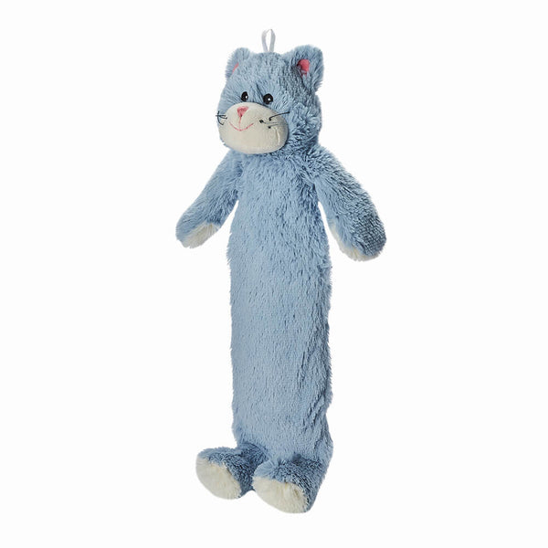 A plush blue hot water bottle in the shape of a cat with a smiling face, pink inner ears, and nose .