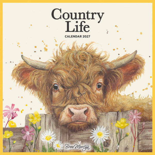 Country Life Calendar 2027 cover featuring a watercolor illustration of a shaggy Highland cow behind a wooden fence with daisies and wildflowers, on a cream background with a yellow border.