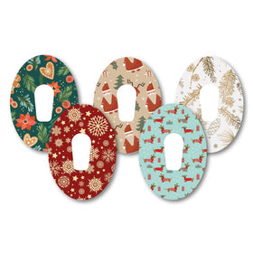 Christmas-themed Dexcom G6 CGM patches (5 pack) featuring festive designs like Father Christmas and winter wonderland. Designed to protect and secure your device. Available from the Diabetes UK Online Shop.