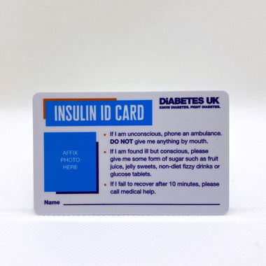 A Diabetes UK Insulin ID Card with space for photo and name, including medical information and emergency instructions.