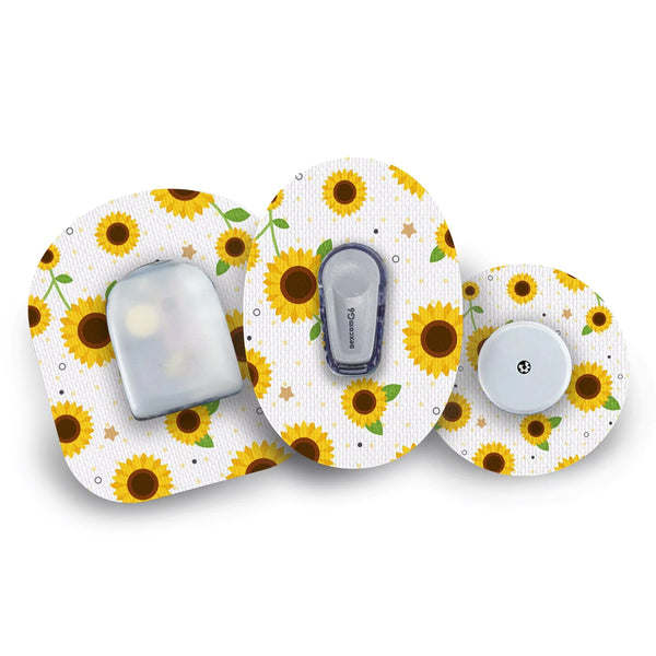 Three sunflower design CGM and pump patches