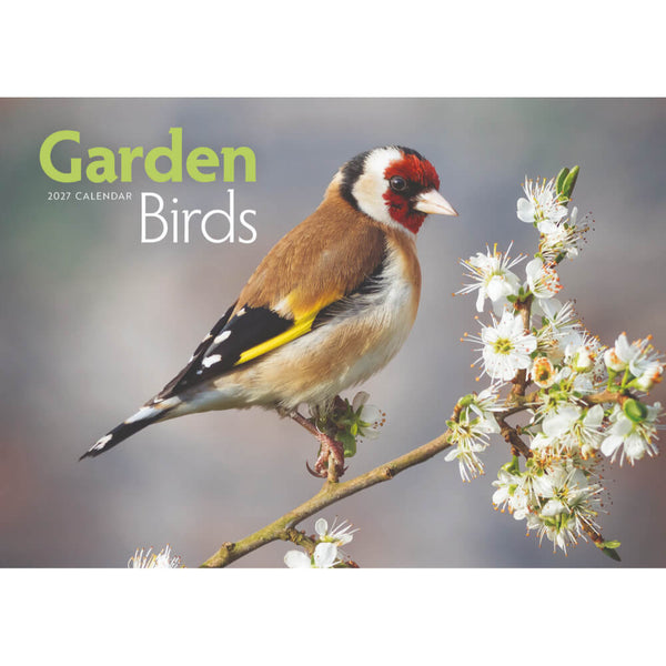 2027 Garden Birds calendar cover featuring a European goldfinch perched on a flowering branch, with the title 'Garden Birds 2027 Calendar' in green and white text.