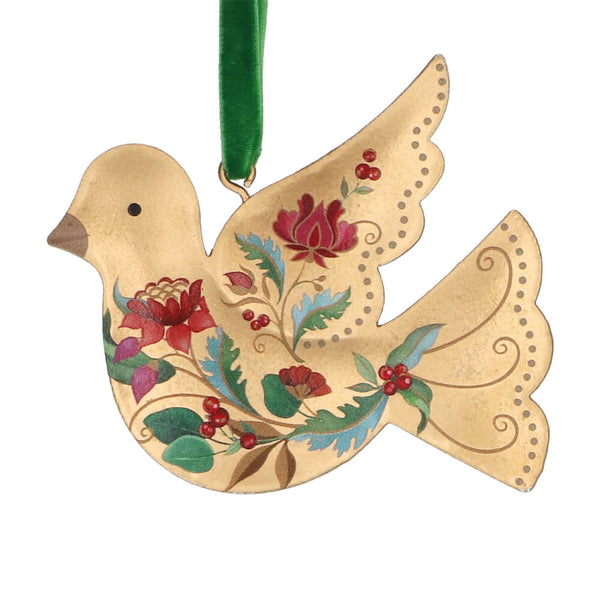 A decorative bird-shaped hanging ornament in a warm gold tone, decorated with red flowers, green leaves, and small red berries, suspended from a green ribbon against a plain white background.