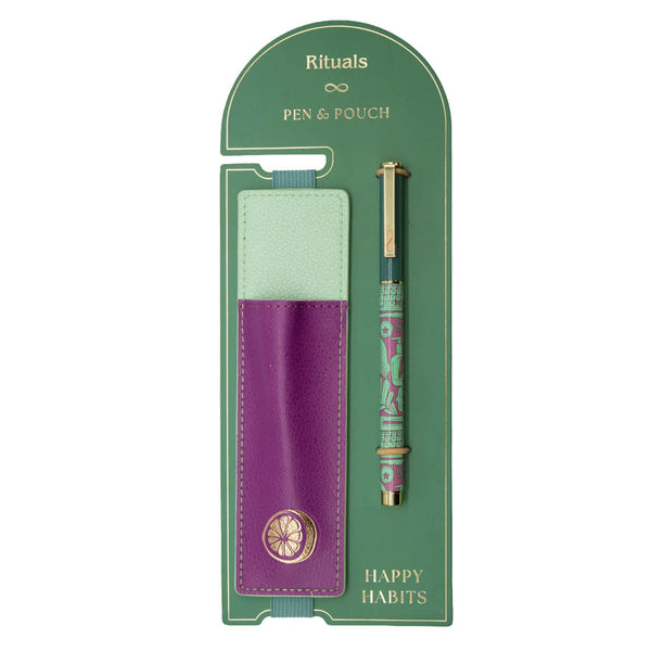 Pen and pouch set with 'Rituals' branding on a green card