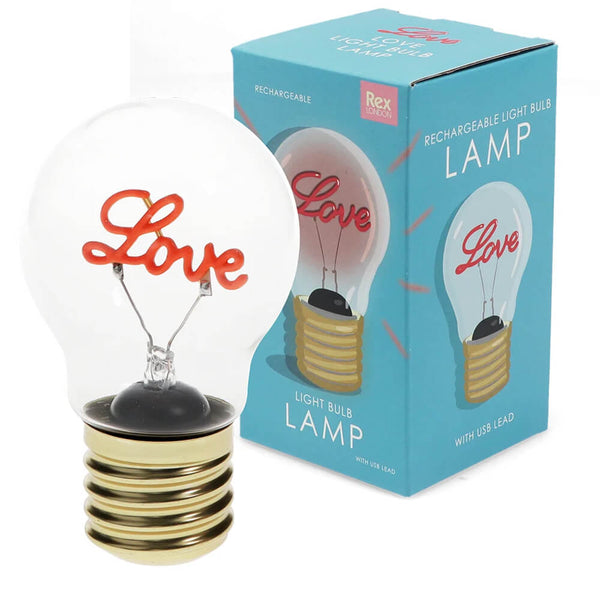 Light bulb lamp with 'Love' text and packaging on a white background
