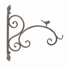 Decorative metal bracket with a bird design, intended for hanging baskets, with a grayish finish.