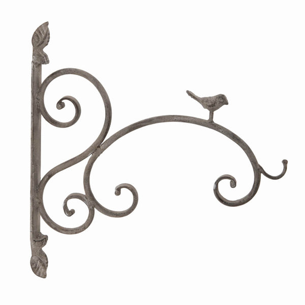 Decorative metal bracket with a bird design, intended for hanging baskets, with a grayish finish.