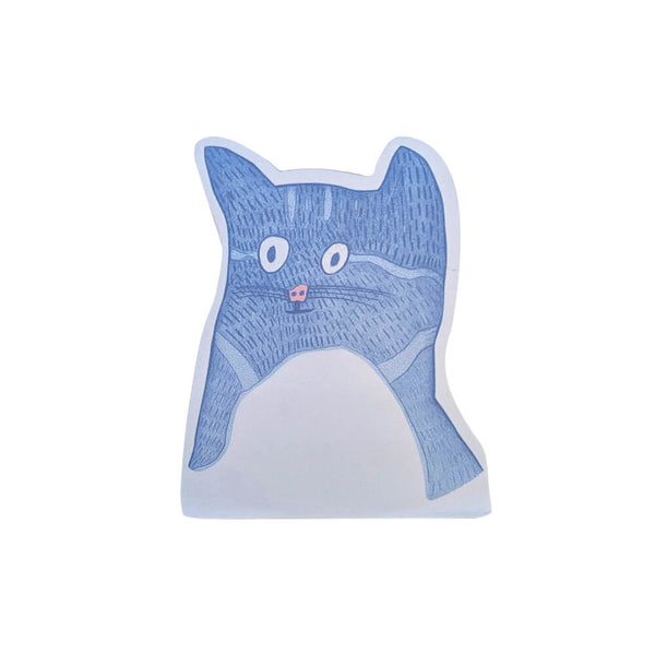 Blue cat-shaped sticky note on a white background