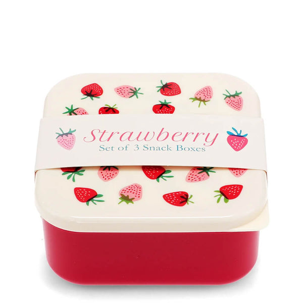 Set of three snack boxes with strawberry design on a white background